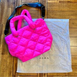 Zara Neon Pink Padded Puffy Puffer Quilted Shopper Shoulder Tote Purse Bag